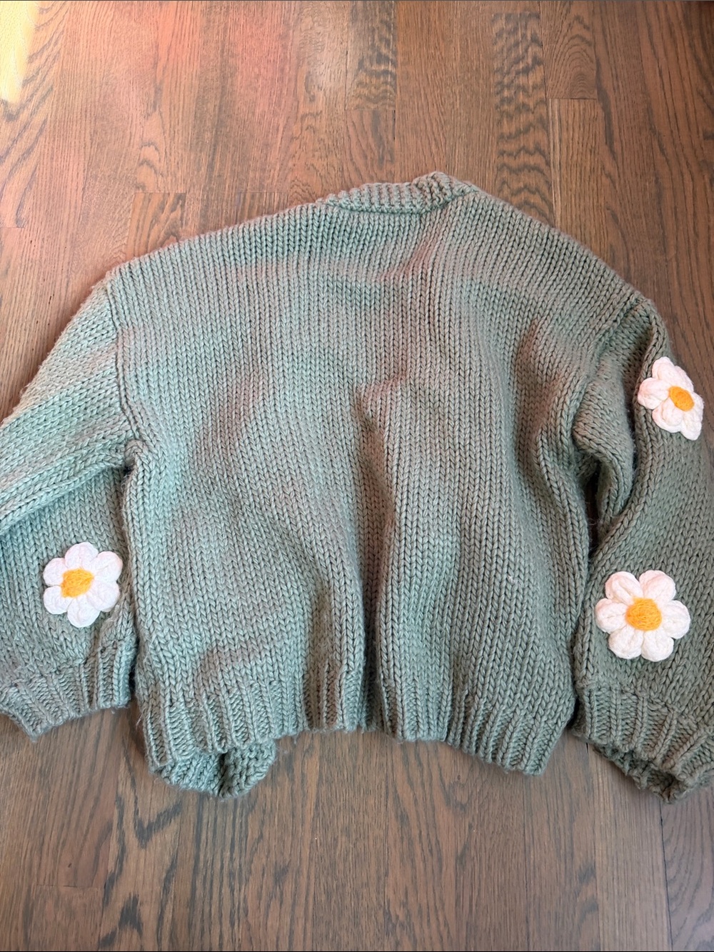 Daisy Appliqué Knit Cardigan Sweater - Sage Green - Picture 6 of 6